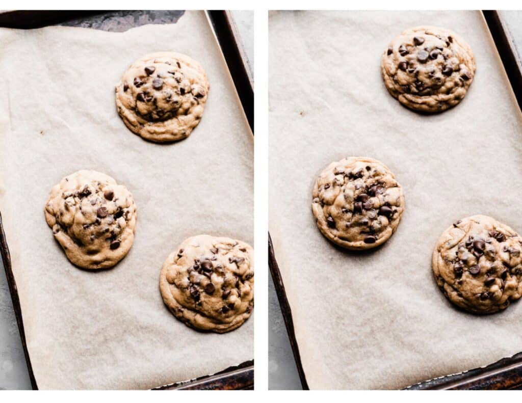 Two images: one of the cookies right out of the oven, and one after they've been rounded out. 