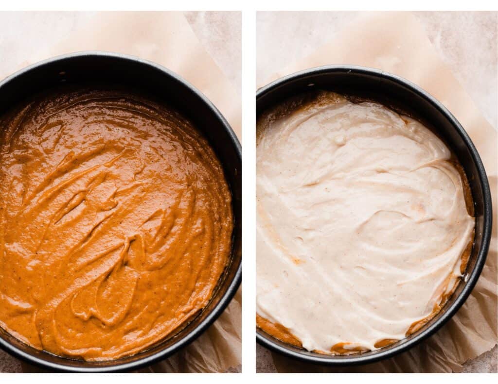 Two images: one of the cake batter spread in a springform pan, and one with the cream cheese layer on top.