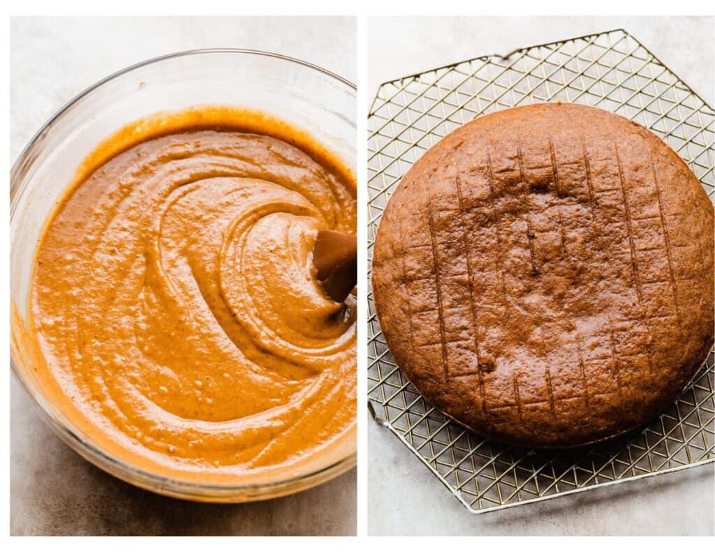 Two images: a bowl of slightly thick pumpkin cake batter, and a baked pumpkin cake layer.