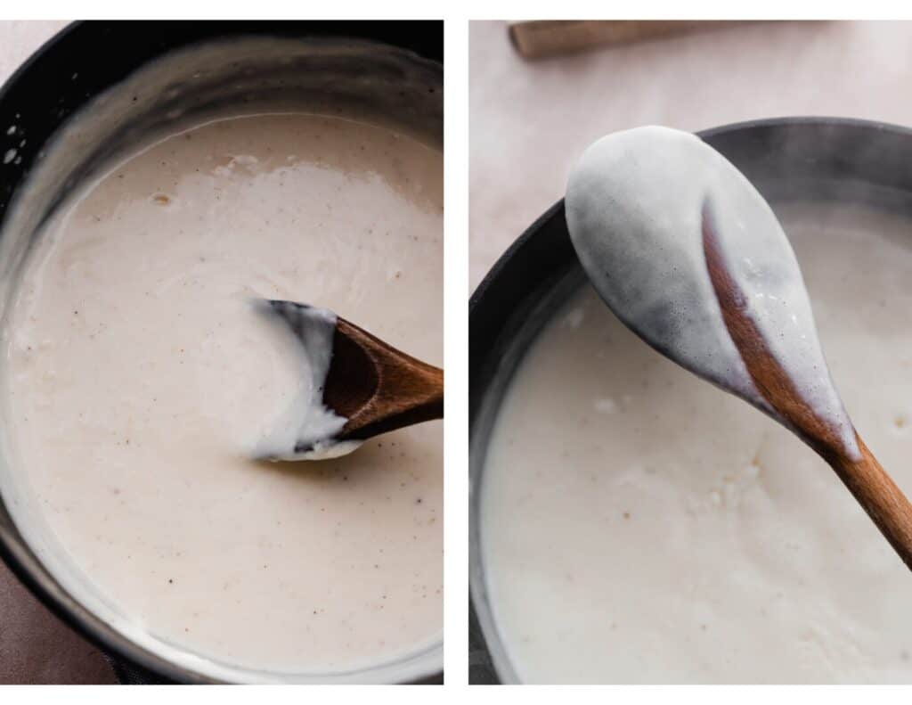 Two images: one of the spoon in the thickened sauce, and one of a stream on the back of a coated spoon showing the thickness of the sauce.