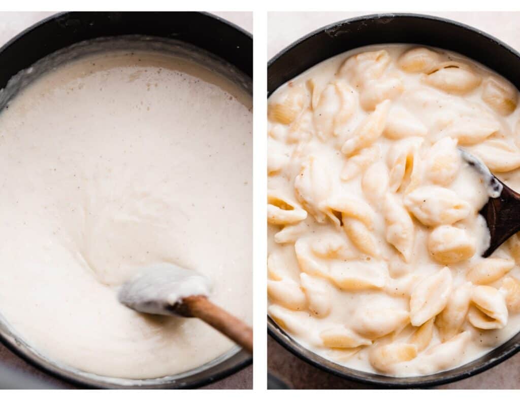 Two images: one of the sauce once cheese is added, and one of the pasta stirred into the white cheddar sauce.