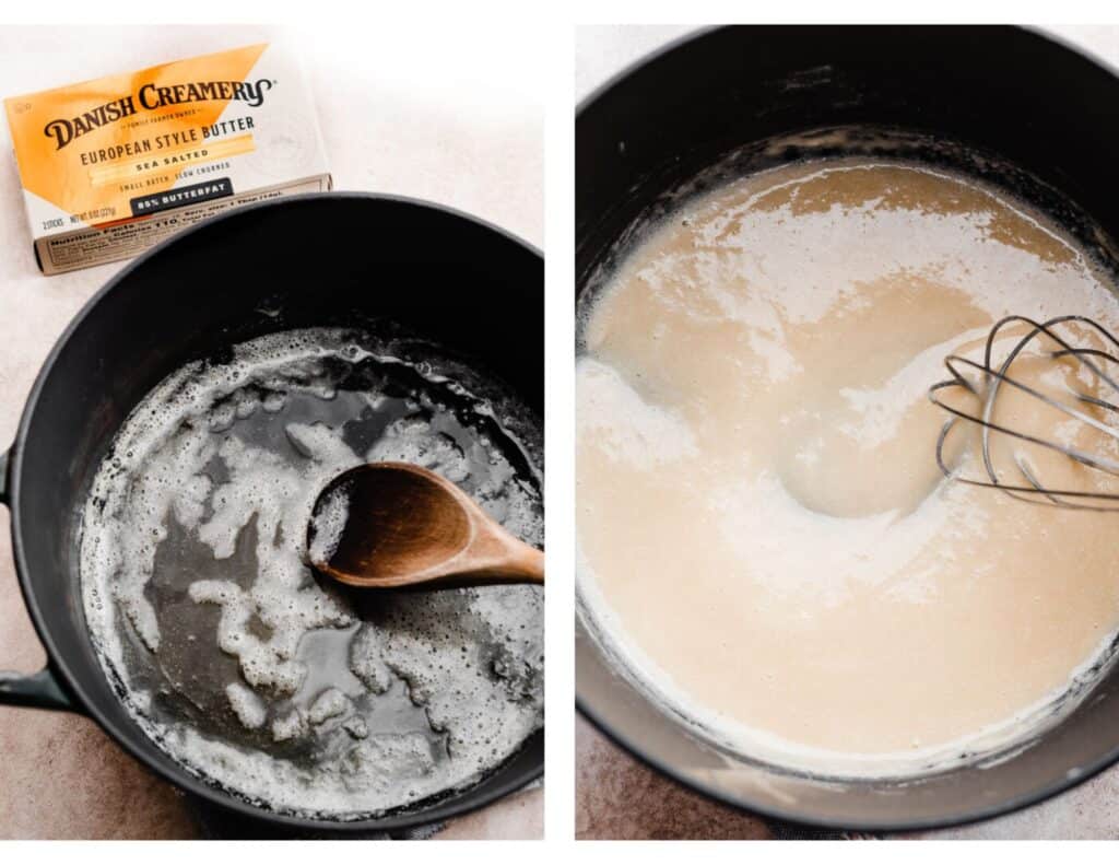 Two images: one of a pot with melted butter, and one of the flour being whisked in.