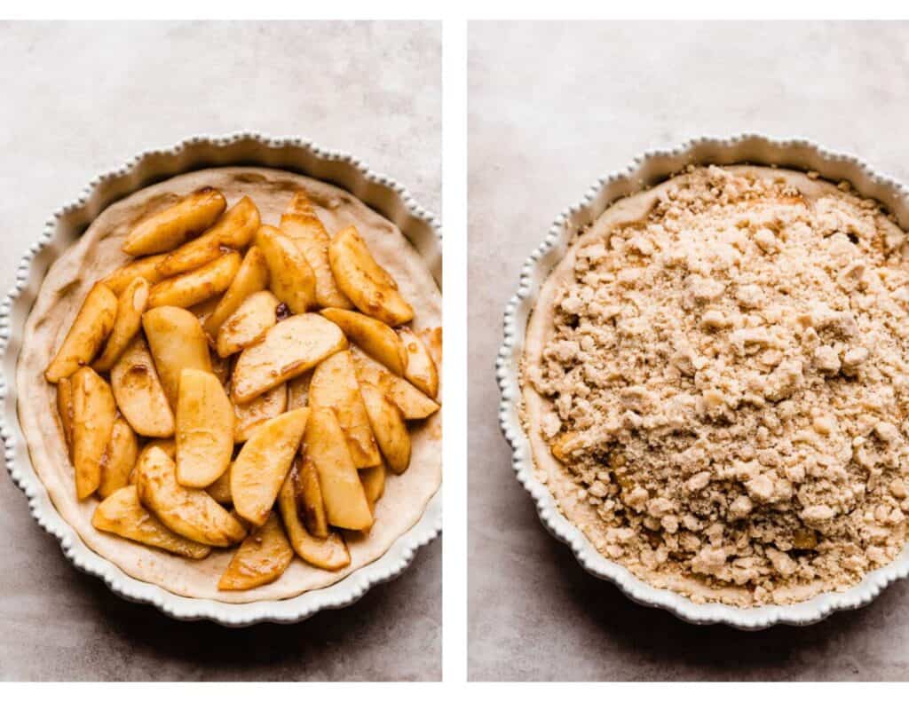 Two images: one of the apples on top of the crust in the pie dish, and one with the streusel on top.