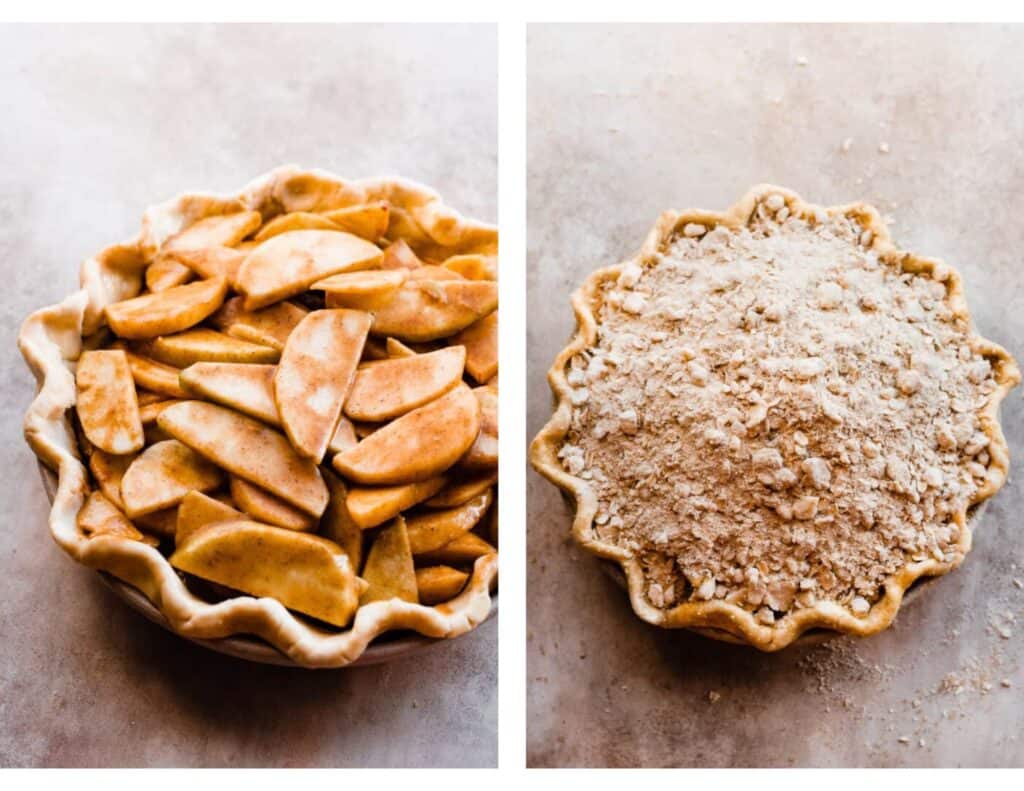 Two images: one of the apple filling in the pie crust, and one of the whole pie topped with dutch crumble.