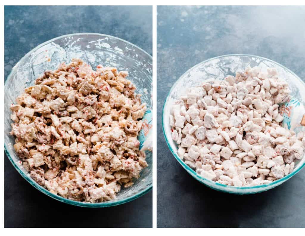 Two images: one of a bowl of the mixture before powdered sugar, and one after. 