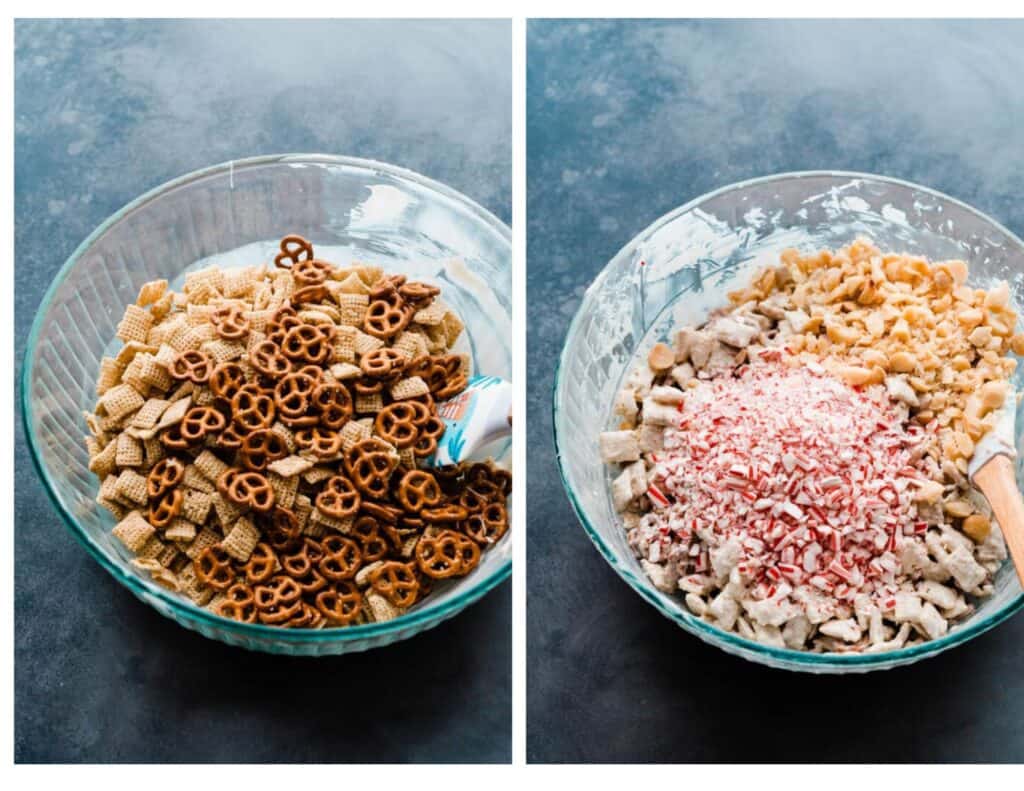 Two images - one of chex and pretzels in the white chocolate, and one of the nuts and candy canes being stirred in.