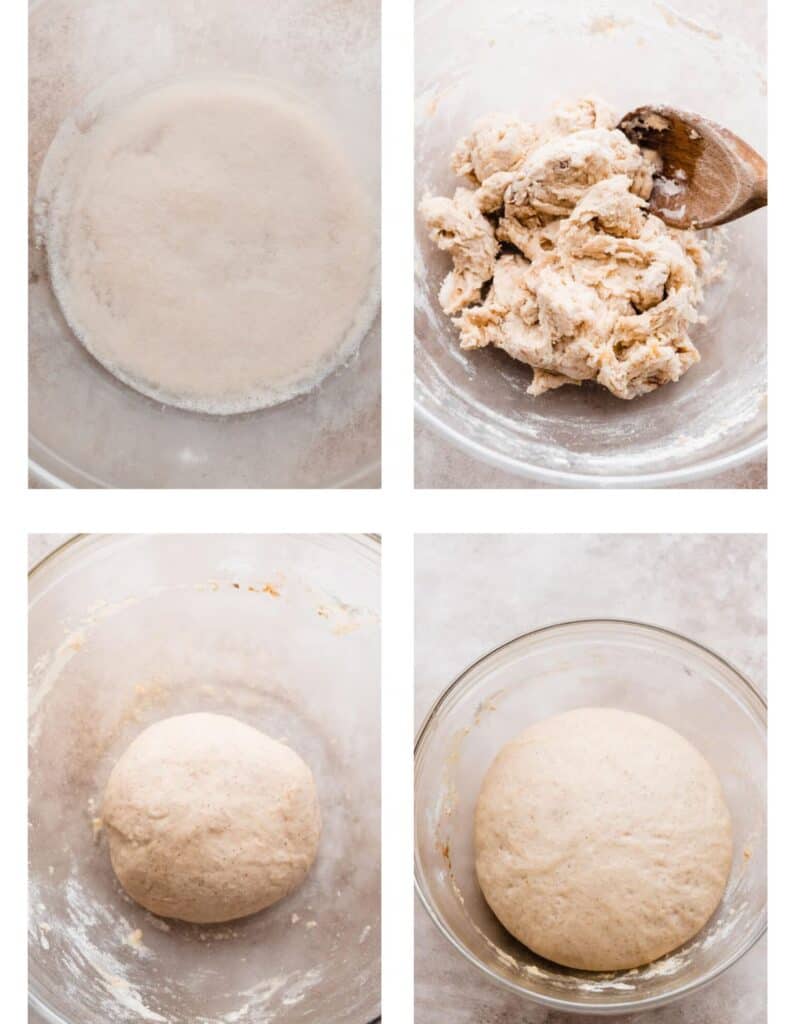 Four images - the yeast blooming, the shaggy dough, the kneaded dough ball, and the risen dough.