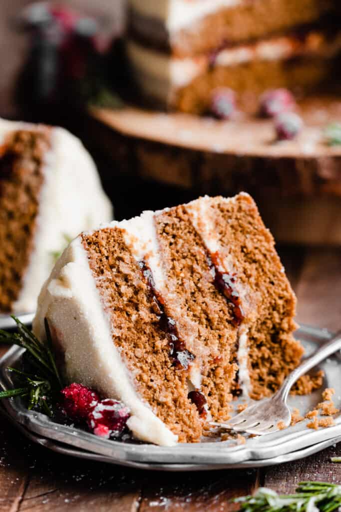 A close-up of a slice of gingerbread cake on a plate.