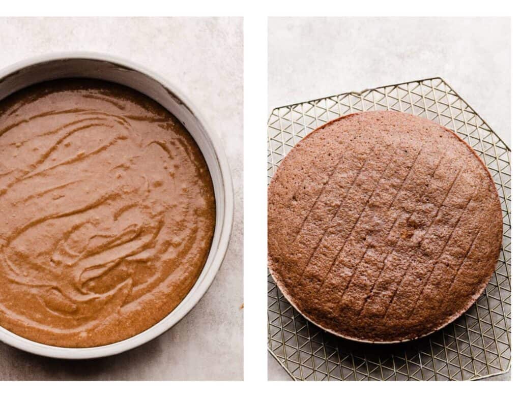 Two images - one of the batter in a cake pan, and one of the bake cake.