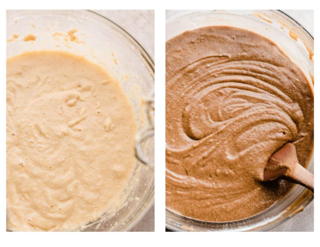 Two images of the cake batter being mixed up.
