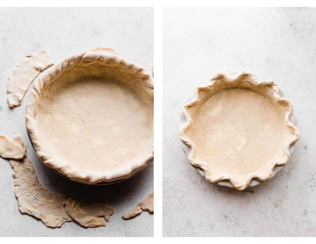 Two images of pie dough with crimped edges inside a pie plate.