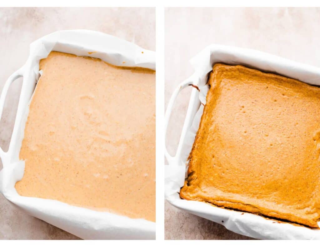 Two images: one of the cheesecake batter in the pan, and one of the baked cheesecake bars in the pan.