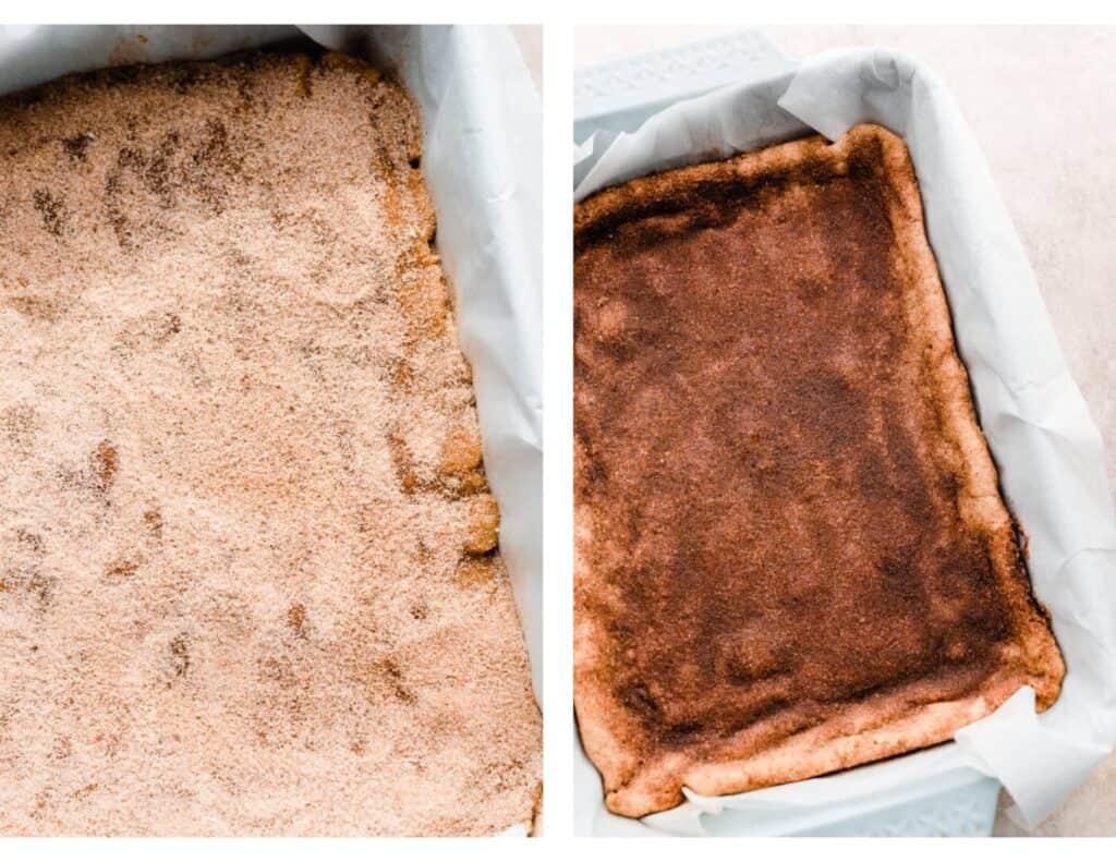 Two images: one of the unbaked bars and one of the baked bars. 
