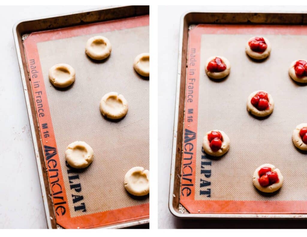 Two images: one of a tray of indented cookies, and one of the filled cookies.