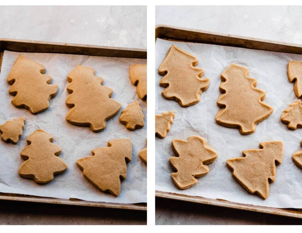 Two images of the puffy baked and then cooled cutout cookies.