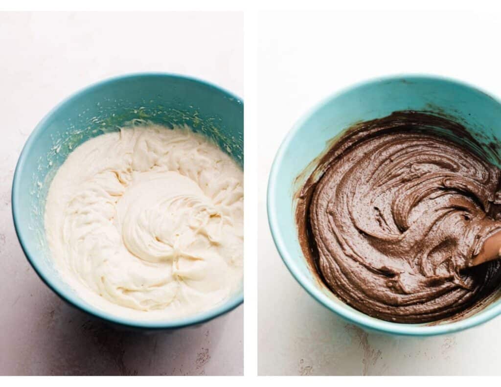 Two images: one of a bowl of the whipped butter, eggs, and sugar and one of the silky brownie batter. 