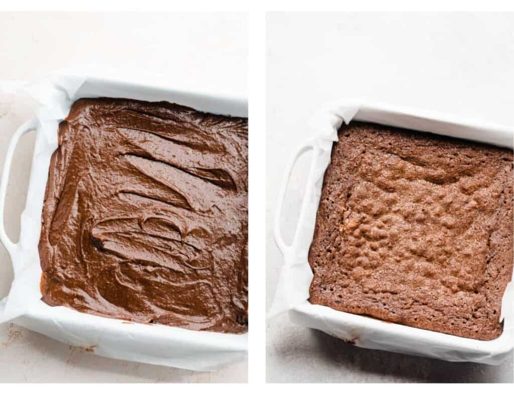 Two image: one of a pan of brownie batter, and one of a pan of baked brownies. 