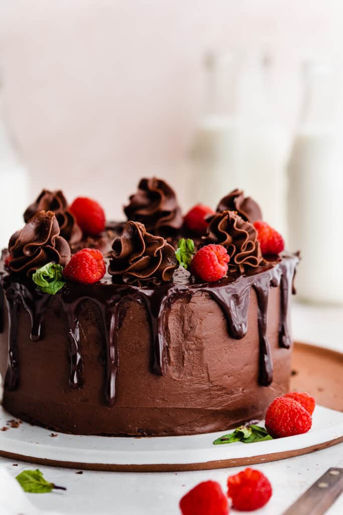 The assembled, frosted cake topped with a ganache drip and swirls of chocolate frosting, along with fresh berries.
