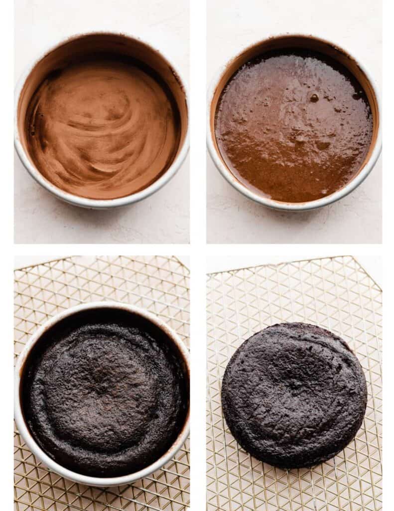 Four images - the prepared cake pan with and without the cake batter, and the baked cake in and out of the pan.