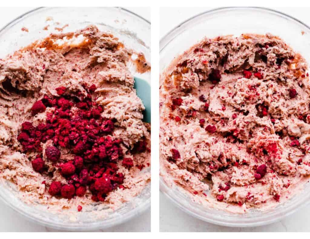 Two images of a bowl of cookie dough with the raspberries on top, then mixed in.