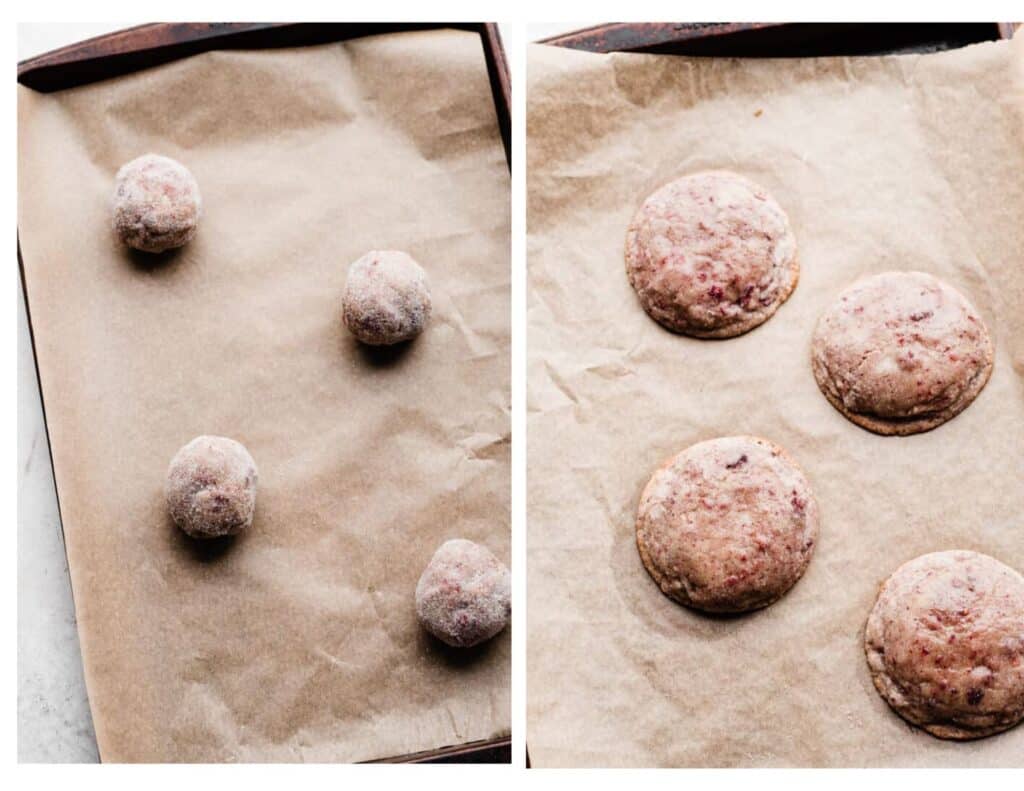 Two images: one of the stuffed cookie dough balls, and one of the baked cookies on a cookie sheet. 
