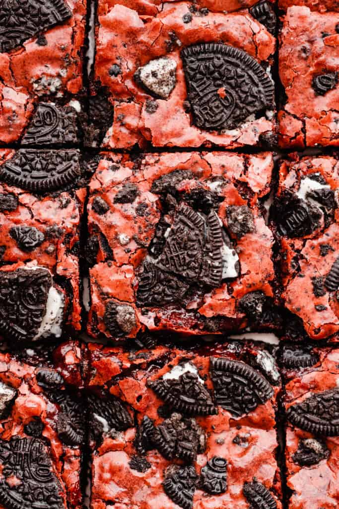 A bird's eye view of the sliced brownies in neat rows. 
