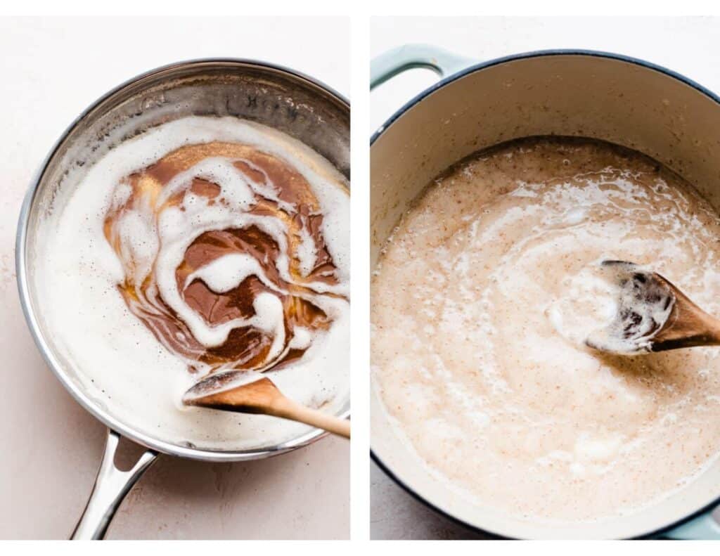 Two images: one of the brown butter, and one of the butter and marshmallow mixture.