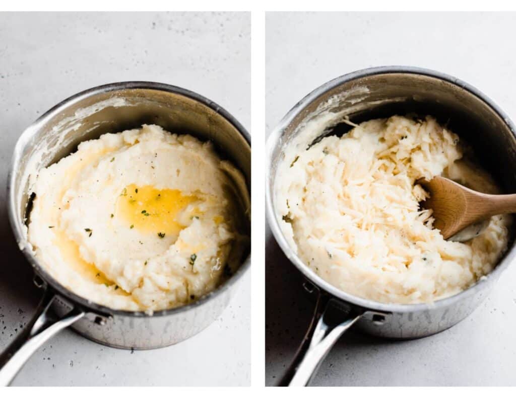 Two images: one of the butter poured on the potatoes, and one of the cheese being stirred in.