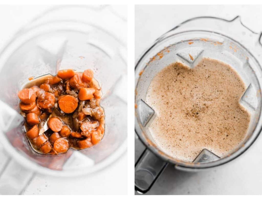 Two images: the veggies in the blender, and the blended sauce.
