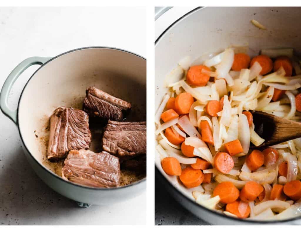 Two images: one of the short ribs being browned in the pot, and one of the carrots and onions being sautéed. 