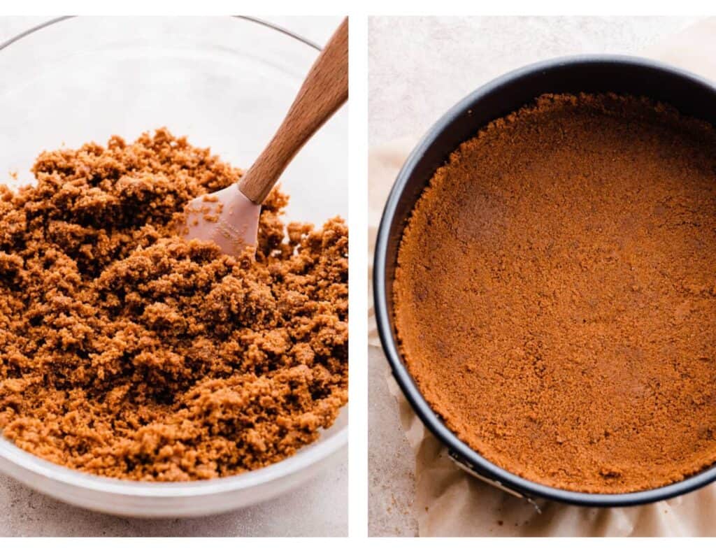 Two images: one of the biscoff crumb mixture, and one of the crust pressed into the springform pan.