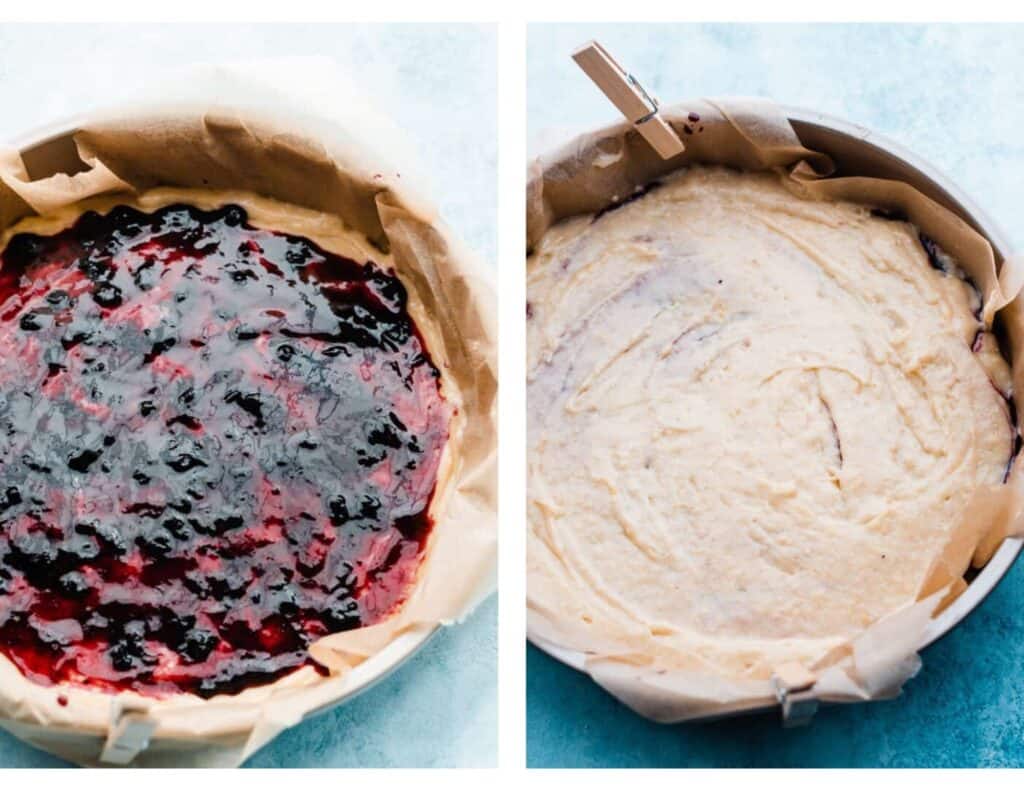 Two images: one of the blueberry jam spread over the batter, and one of the cake with the top layer of batter added. 