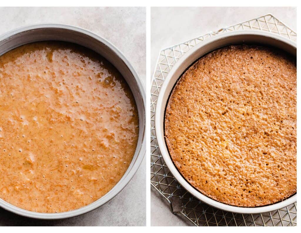 Two images: a pan of cake batter, and a pan with the baked cake layer.