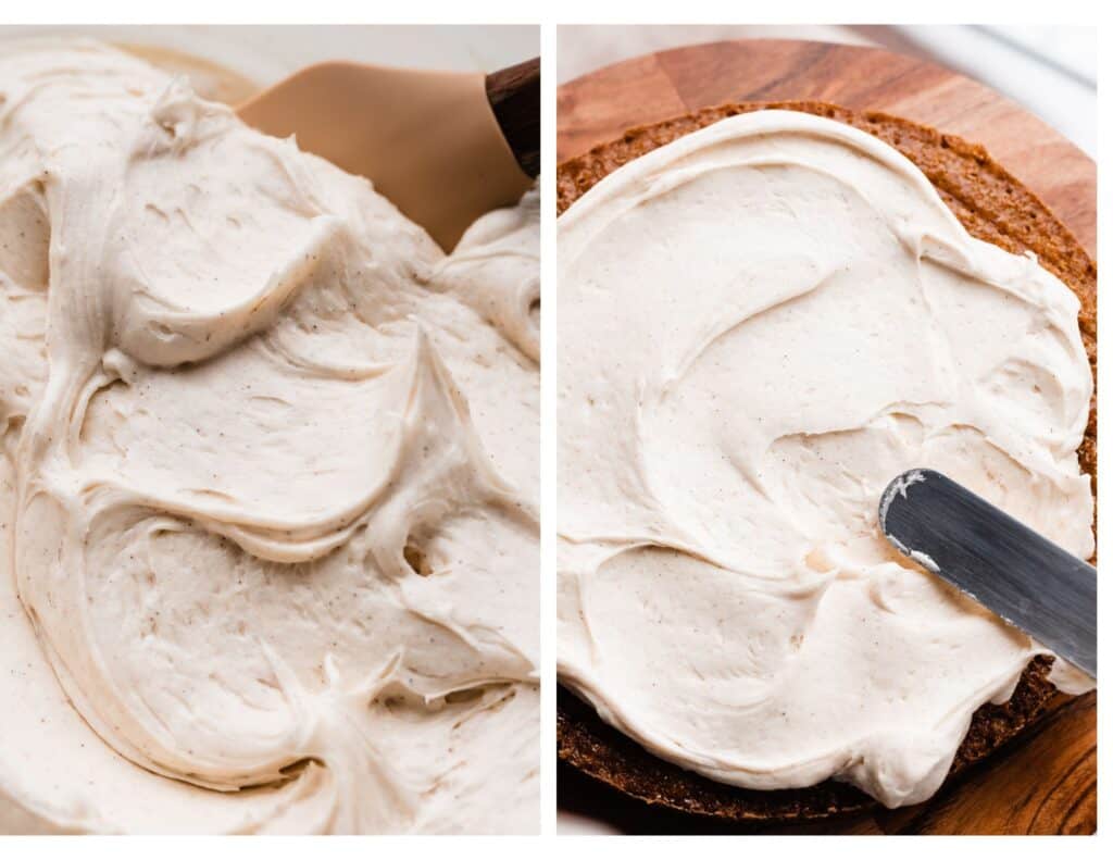 Two images: a bowl of cinnamon cream cheese frosting and an offset spatula frosting a cake layer.
