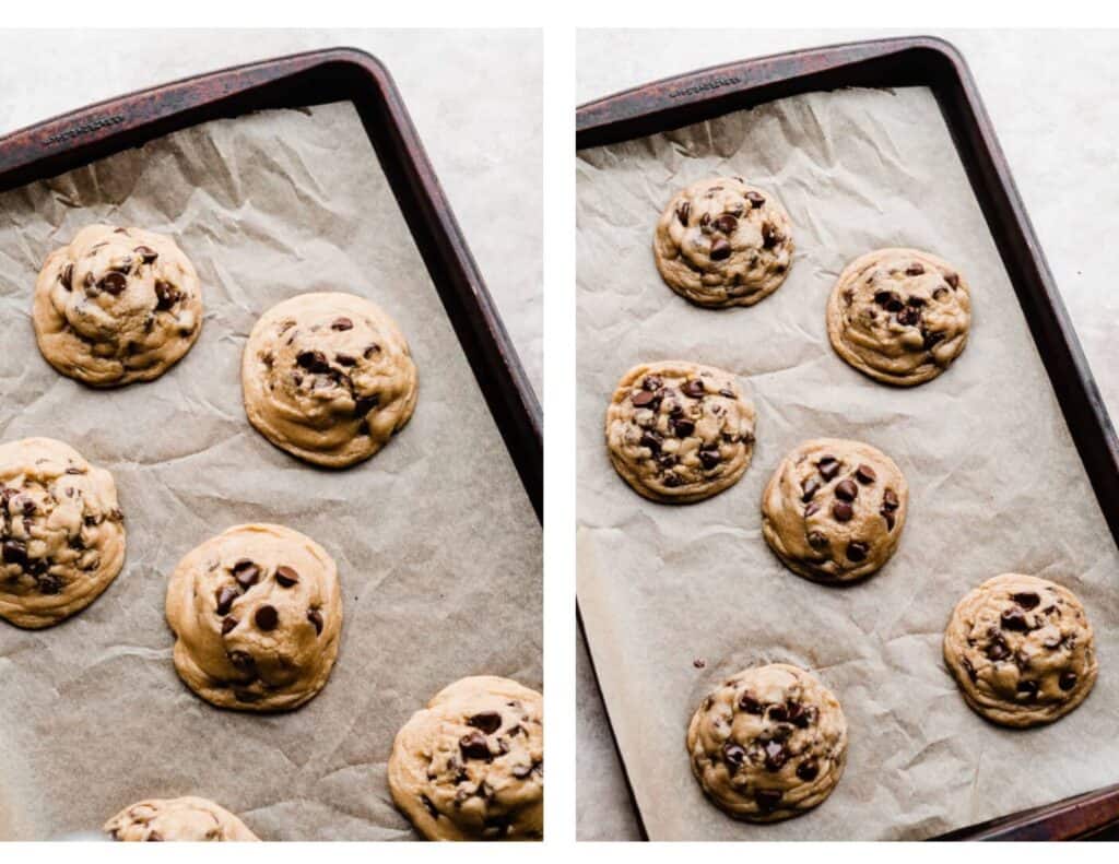 Two images: one of the cookies fresh out of the oven, and one after they've been scooted. 