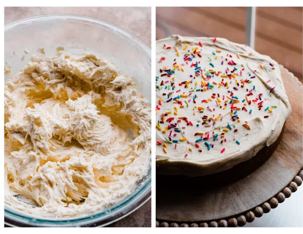 Two images: A bowl of frosting, and a frosted cake layer.