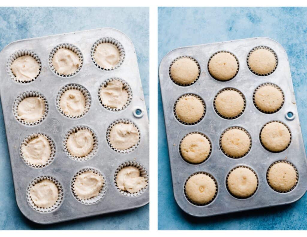 Two images: one of the cupcake batter in a pan, and one of the baked cupcakes in the pan.