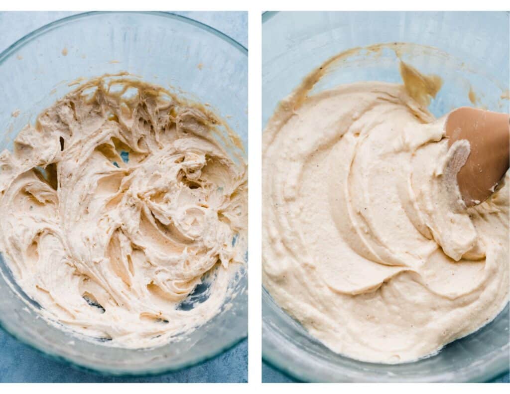 Two images: one of a bowl of the butter, sugar, and eggs mixed together, then the finished batter in a bowl.