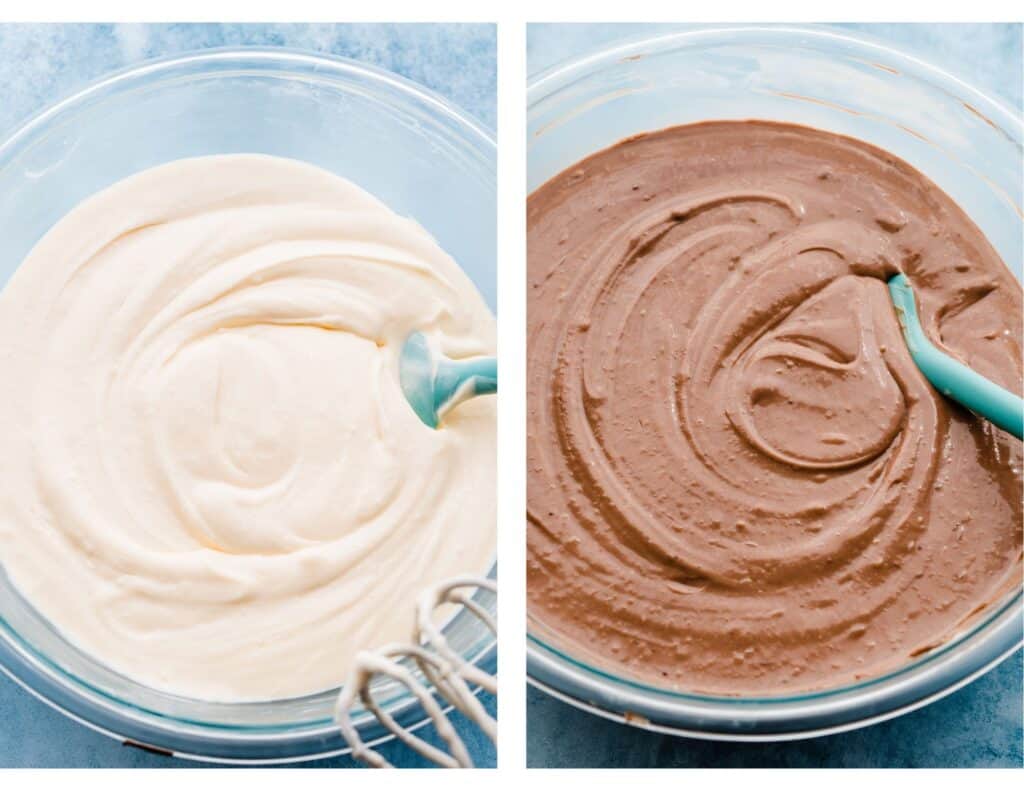 Two images: one of the cheesecake batter before adding the nutella, and one with the nutella added. 