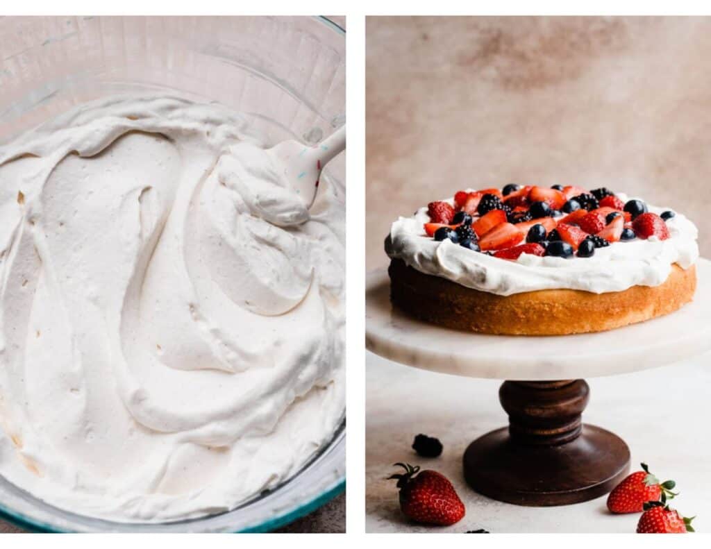 Two images: a bowl of whipped cream and the cake being assembled.