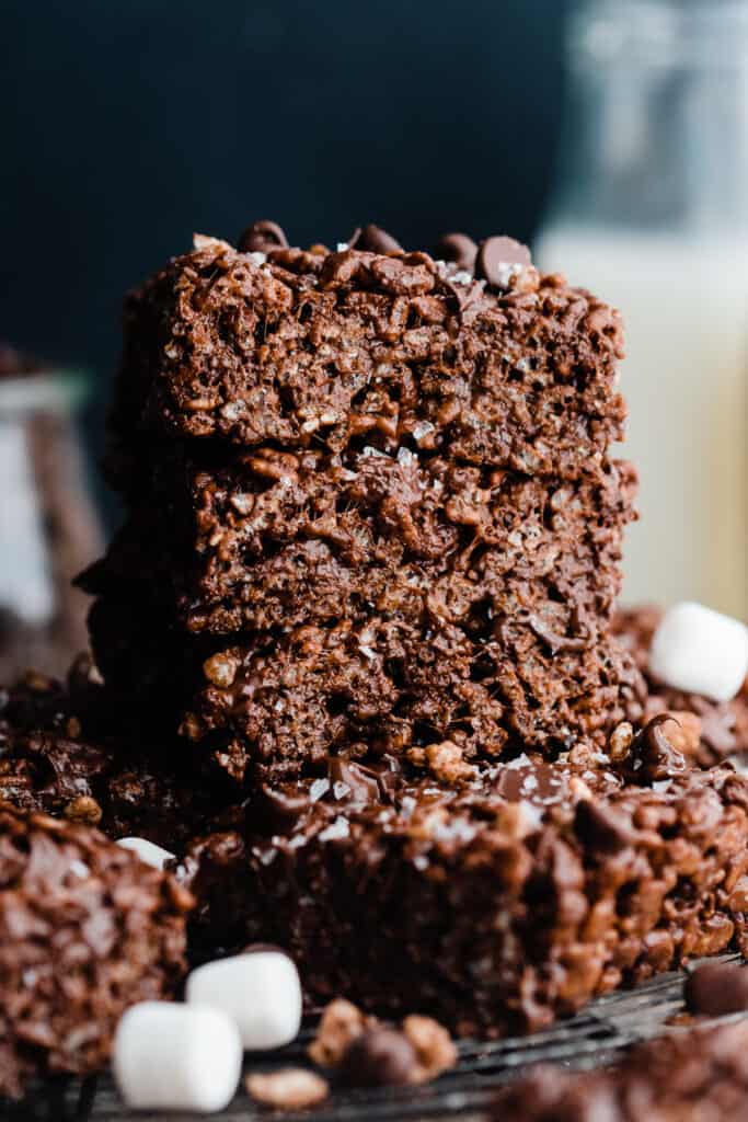 A stack of chocolate rice krispie treats.