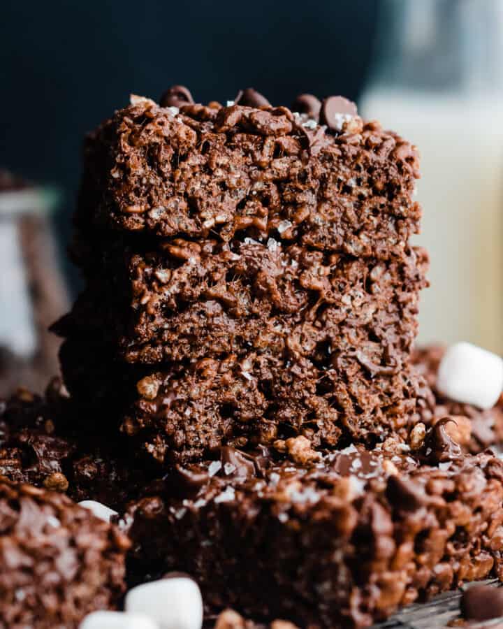 A stack of chocolate rice krispie treats.