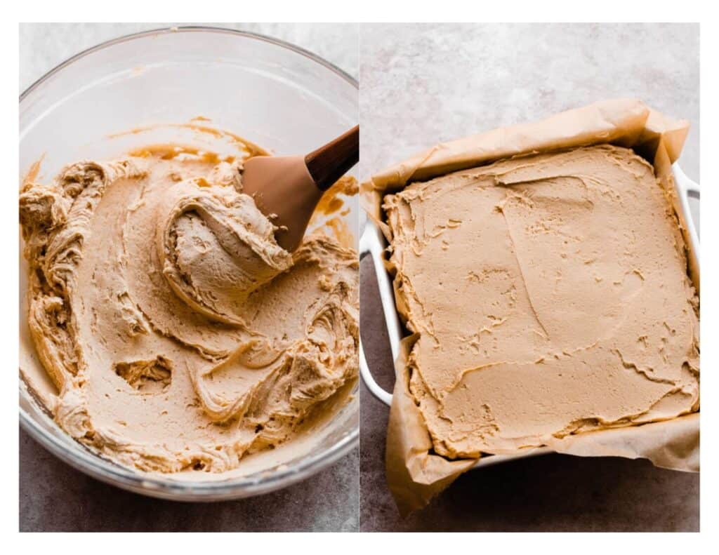 A bowl of the peanut butter topping, and the topping spread on the bars.