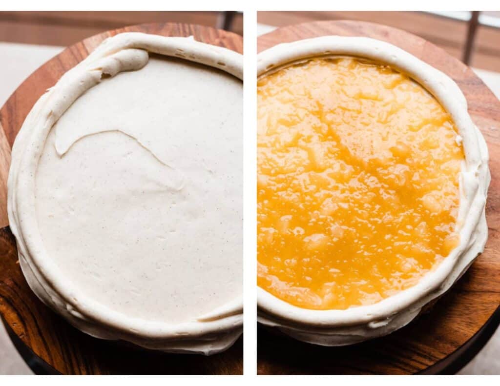 Two images of the cake being frosted and filled.