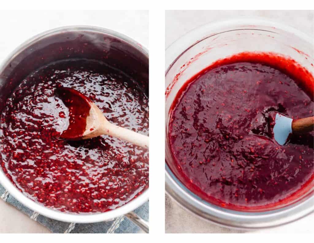 Two images: a pot of raspberry sauce cooking, and the strained cooled sauce. 