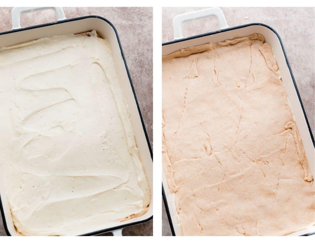 Two images: one of the cream cheese filling spread in the pan, and one with the second layer of crust added.