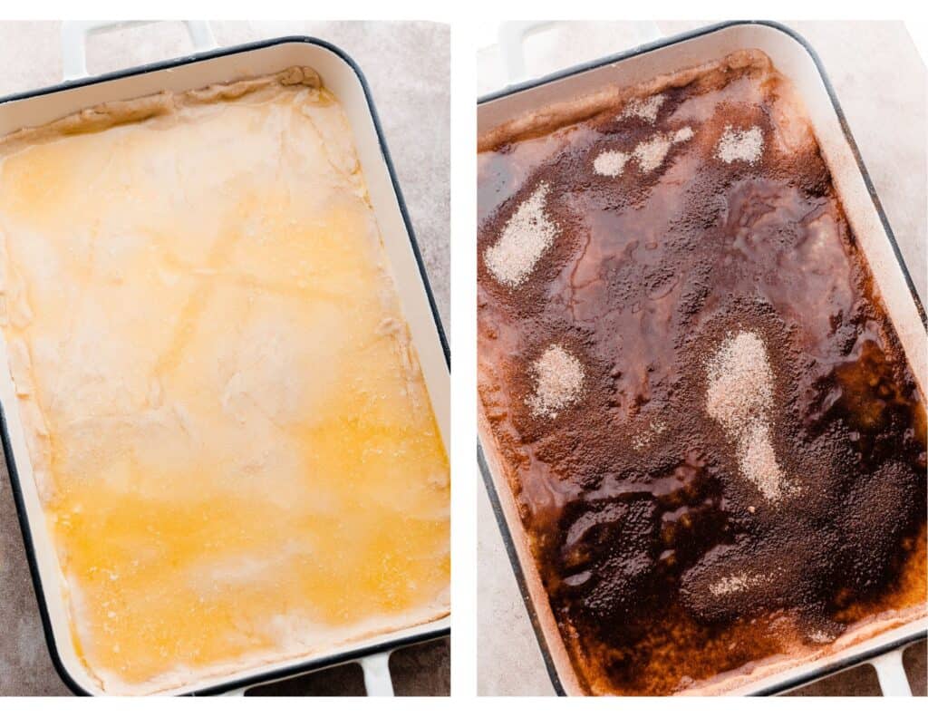 Two images: one of the butter poured on top, and then the cinnamons ugar added over that. 