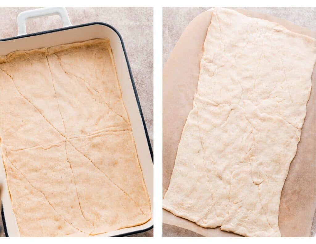 Two images - a pan with crescent roll dough pressed in, and dough on a piece of parchment paper.