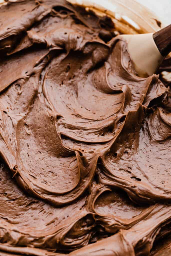 A close-up of swirls of chocolate frosting in a bowl.