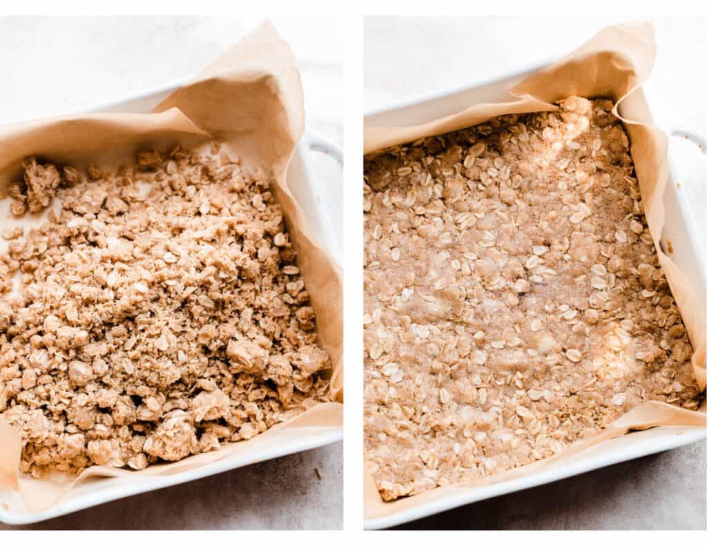 The crumble mixture pressed into the pan and baked.